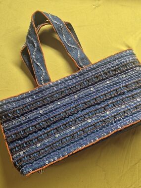 Source Unknown Blue Beaded Tote with Orange Trim